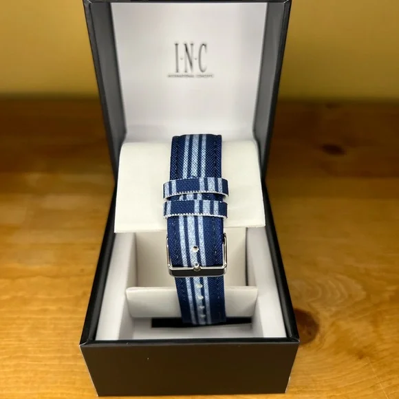 INC Men’s Navy Blue & White Striped Denim Strap Watch 42mm - Picture 7 of 9